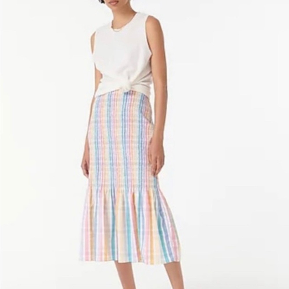 J CREW Smocked Midi Skirt Rainbow Stripe Womens White Pink Cotton Resort NEW - Picture 2 of 16